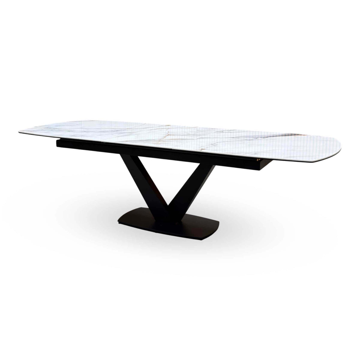 Jose white marble effect ceramic table extended to 260cm with the centre leaf raised, angled from the other end