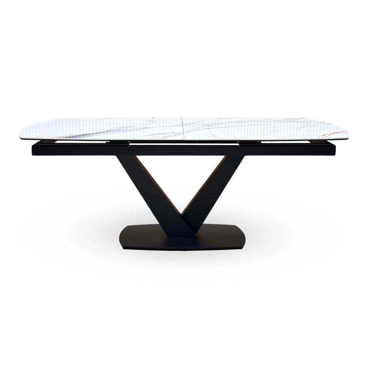 Front view of the Jose white marble effect ceramic dining table on its black V pedestal