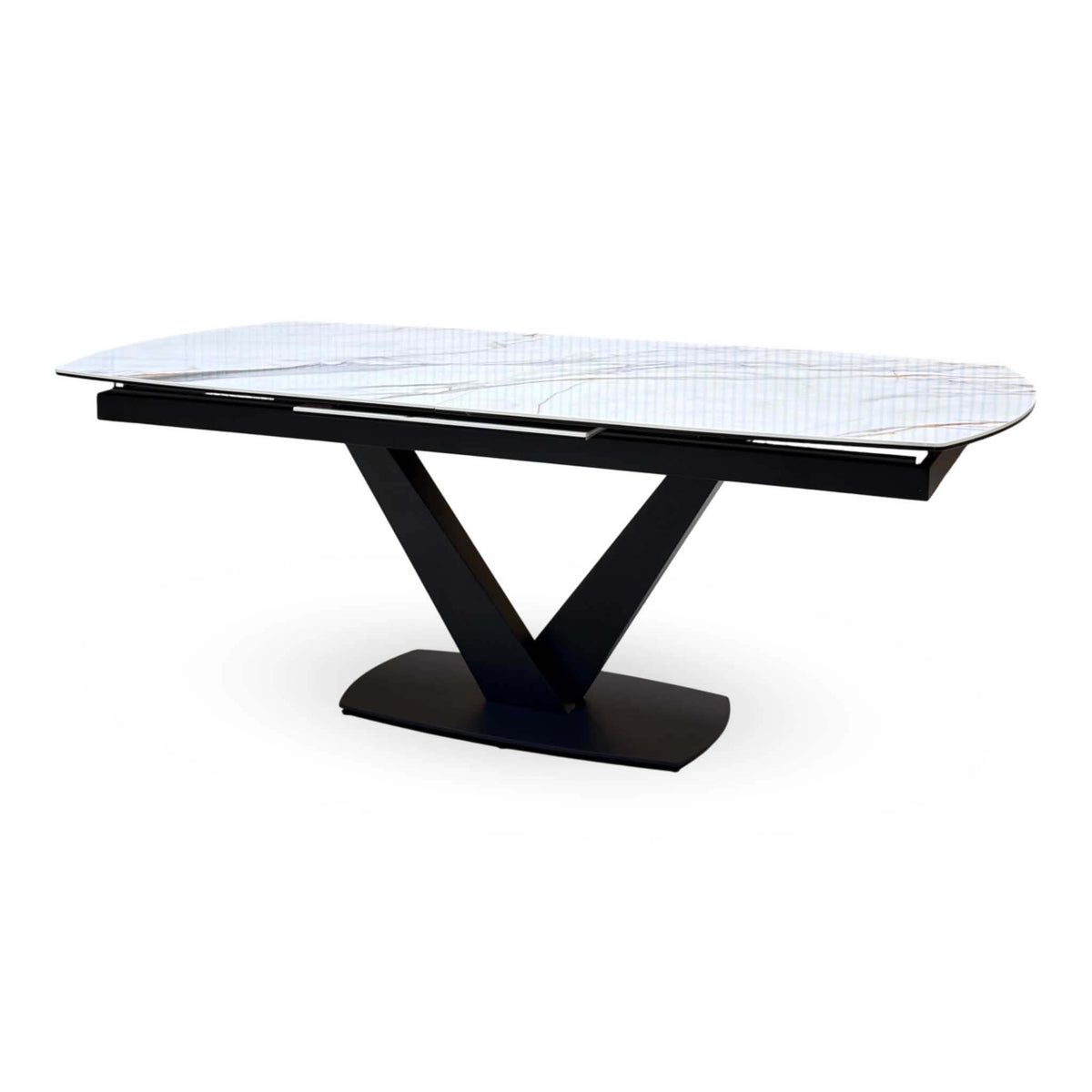 Jose white marble effect ceramic extending table closed, angled from the other end