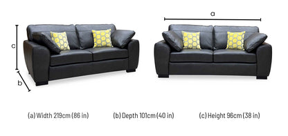 'Sona' Black Italian Leather 3 Seater Sofa