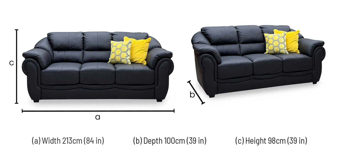'Naples' Black Italian Leather 3 Seater Sofa