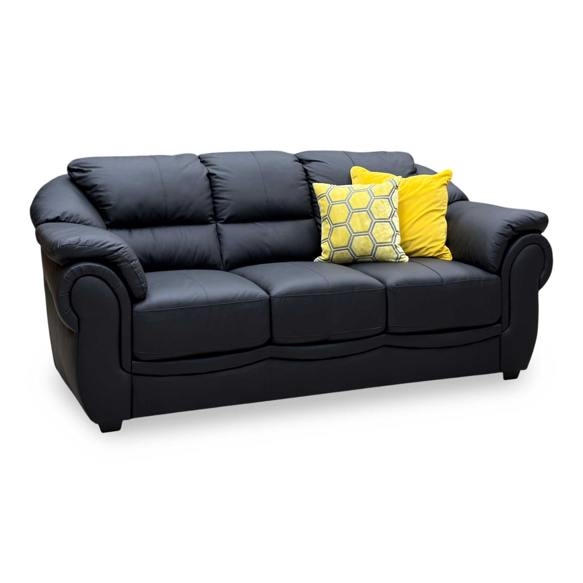 'Naples' Black Italian Leather 3 Seater Sofa