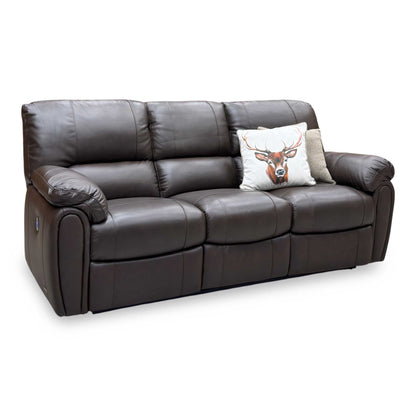 Leighton chocolate brown leather 3 seater power recliner sofa, angled view with a stag print scatter cushion
