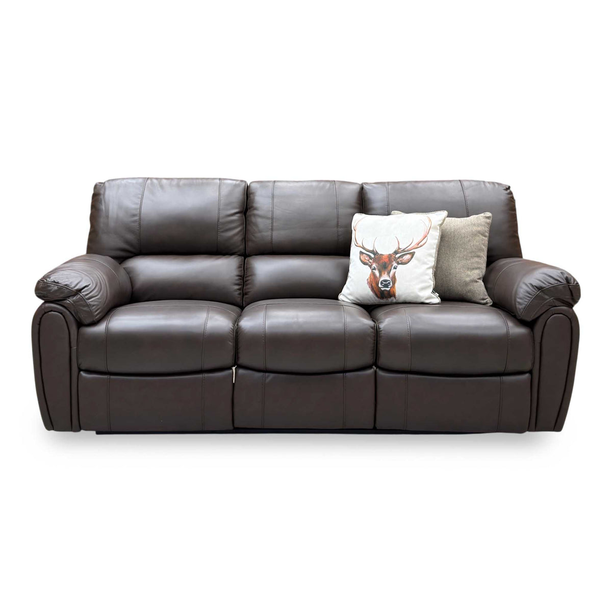 Front view of the Leighton chocolate brown leather 3 seater sofa with padded pillow arms