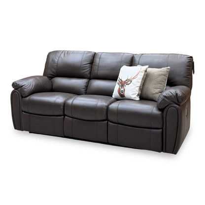 Leighton chocolate brown leather 3 seater sofa angled from the right with stag and grey scatter cushions
