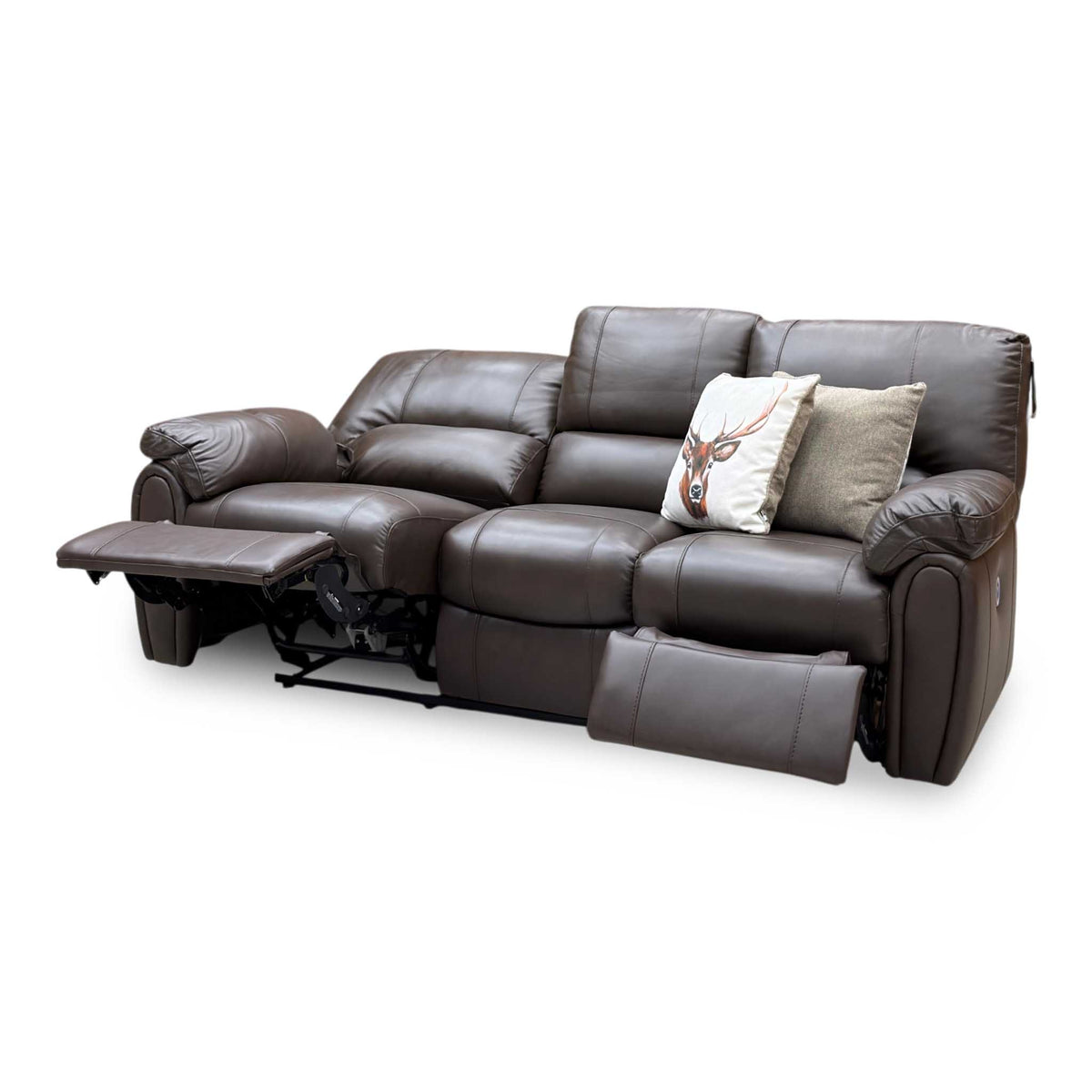 Side angle of the Leighton chocolate brown leather sofa with the left seat fully reclined and right footrest up