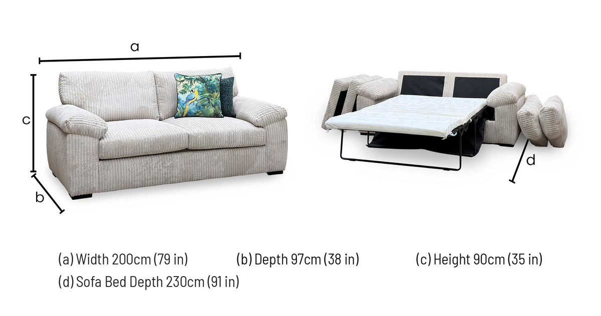 ‘Amalfi' Cream Jumbo Cord Fabric 3 Seater Standard Back Sofa Bed