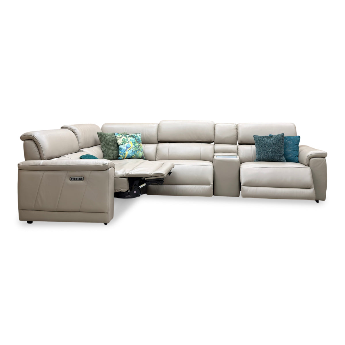 Genius Oslo Oyster Cat-40_08 Leather Power Recliner Media Console Large Corner Sofa with Power Headrests, Power Lumbar