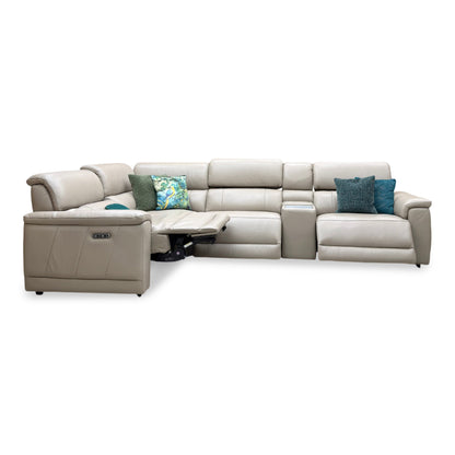 Genius Oslo Oyster Cat-40_08 Leather Power Recliner Media Console Large Corner Sofa with Power Headrests, Power Lumbar