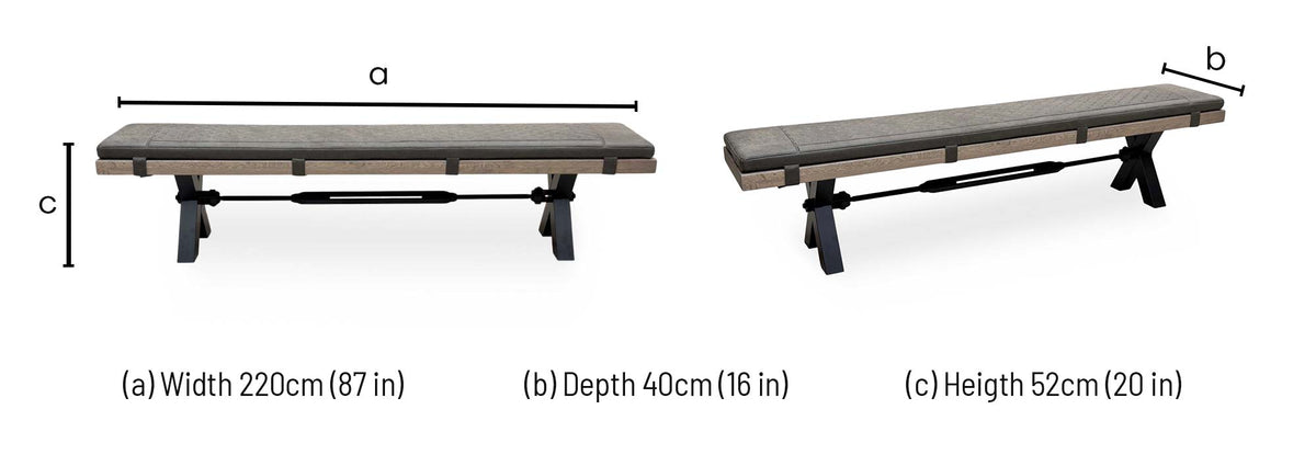 Bodahl Njord 8 Vintage Grey Solid Oak 220cm Dining Bench with Metal X Shaped Legs + Steel Grey Bench Pad – view 7