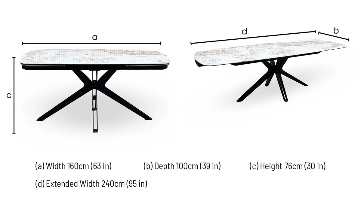 Jose Calcatta marble dining table dimensions: width 160cm, depth 100cm, height 76cm, extended width 240cm