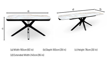 Jose Calcatta marble dining table dimensions: width 160cm, depth 100cm, height 76cm, extended width 240cm