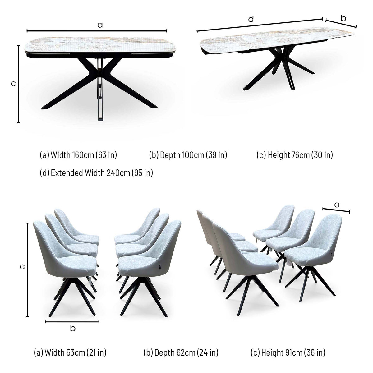 Jose dining set dimensions: table width 160cm, depth 100cm, height 76cm, extended 240cm; chairs 53 x 62 x 91cm