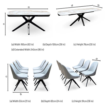 Jose dining set dimensions: table width 160cm, depth 100cm, height 76cm, extended 240cm; chairs 53 x 62 x 91cm