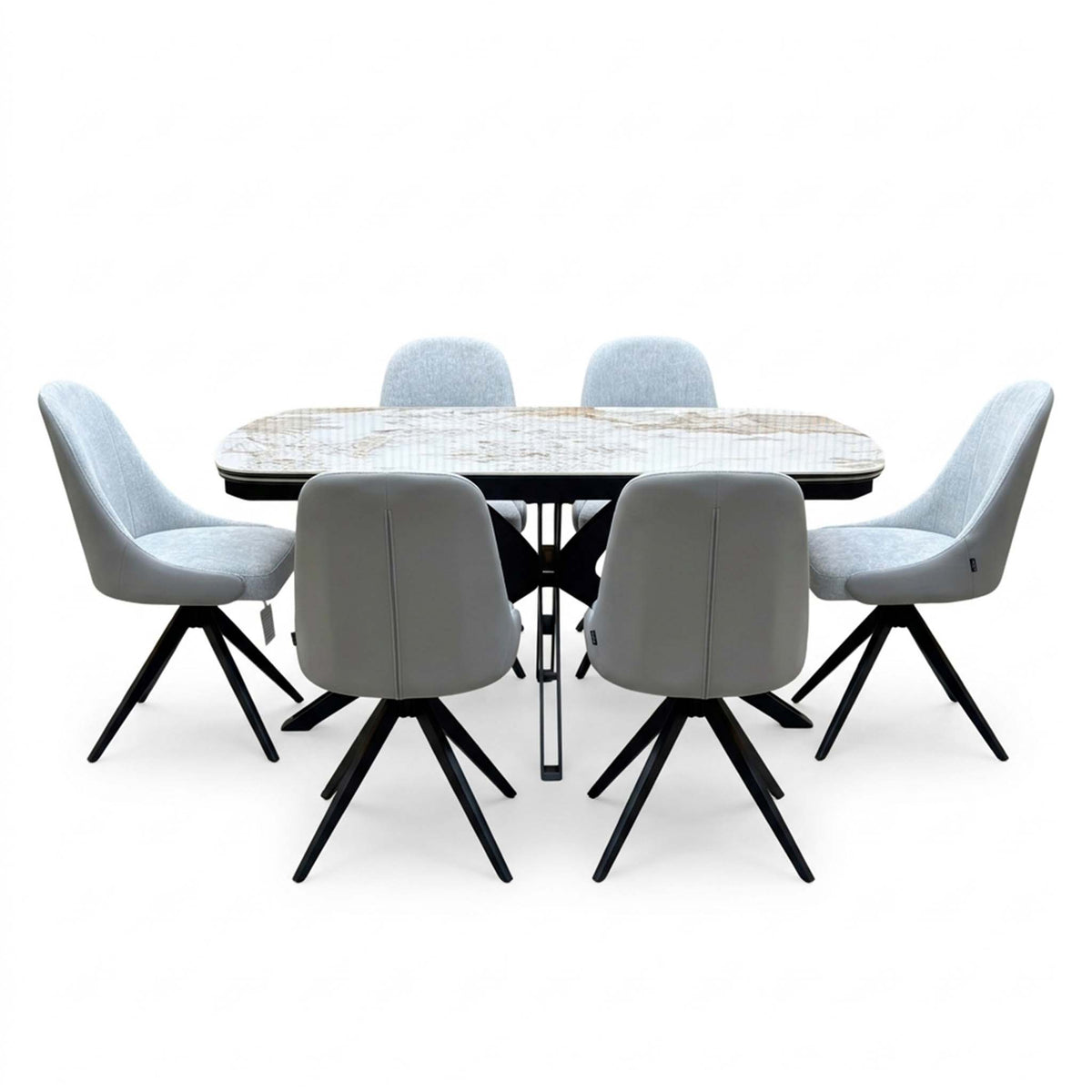 Front view of the Jose Calcatta marble 160cm dining table set, closed, with six stone grey faux leather swivel chairs