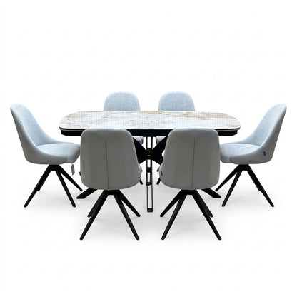 Front view of the Jose Calcatta marble 160cm dining table set, closed, with six stone grey faux leather swivel chairs