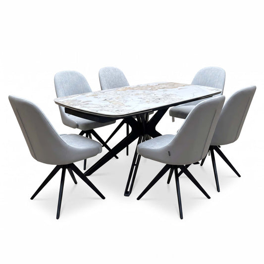Jose Calcatta marble 160cm dining table set, closed, angled view from the left with six stone grey swivel chairs