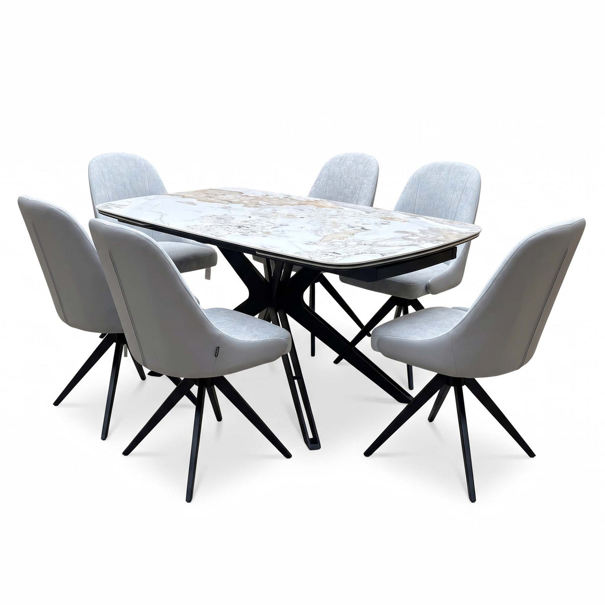 Jose Calcatta marble 160cm dining table set, closed, angled view from the right with six stone grey swivel chairs