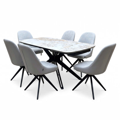Jose Calcatta marble 160cm dining table set, closed, angled view from the right with six stone grey swivel chairs