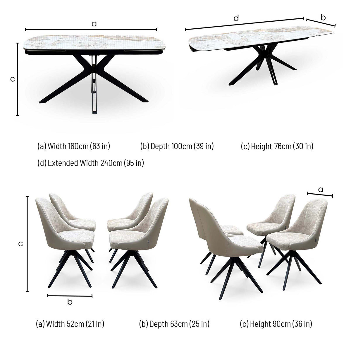 Jose Calcatta 160cm dining table dimensions: width 160cm (240cm extended), depth 100cm, height 76cm; chairs 52 x 63 x 90cm