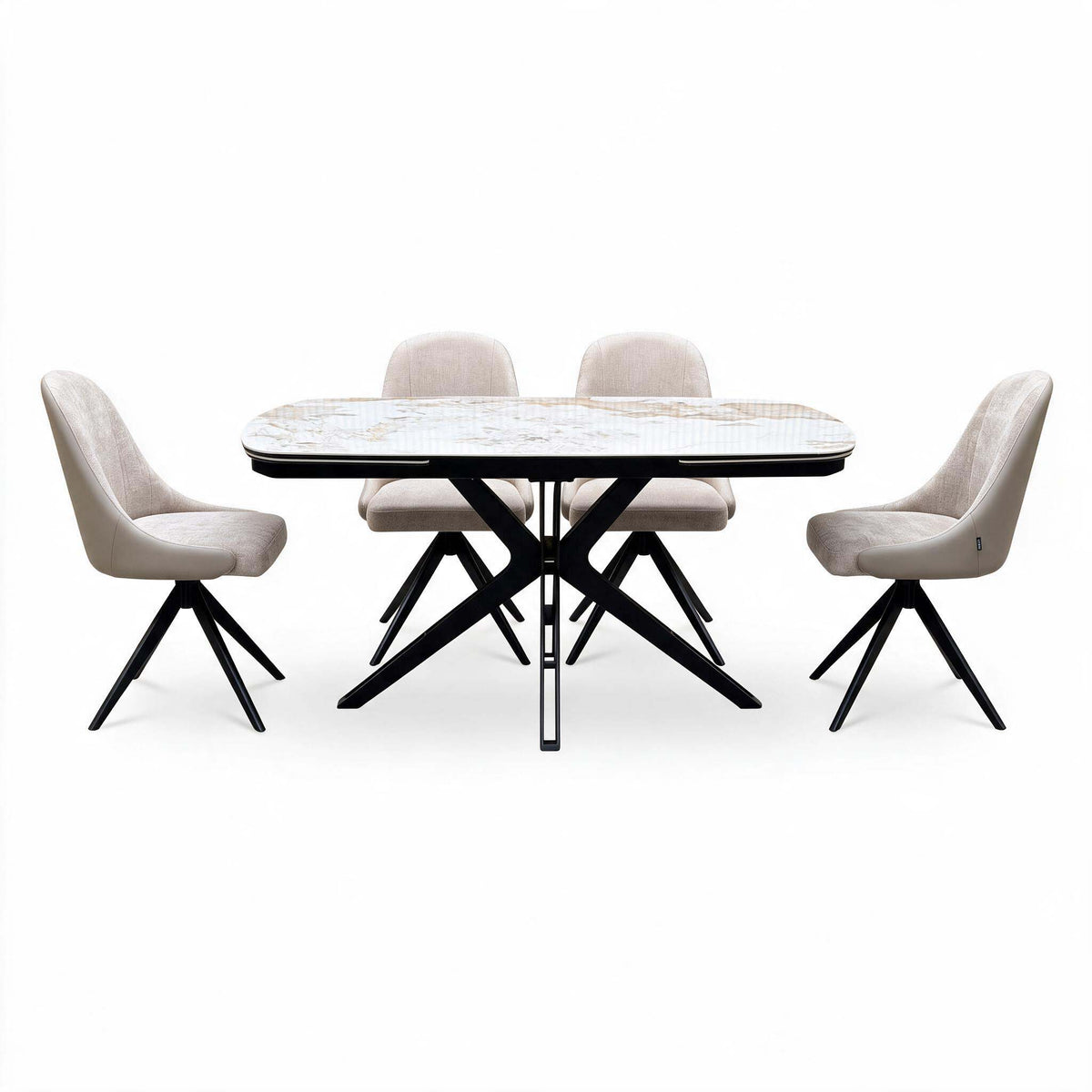 Front view of the Jose Calcatta marble 160cm dining table flanked by 4 beige fabric swivel chairs