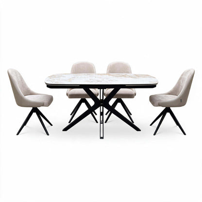 Front view of the Jose Calcatta marble 160cm dining table flanked by 4 beige fabric swivel chairs