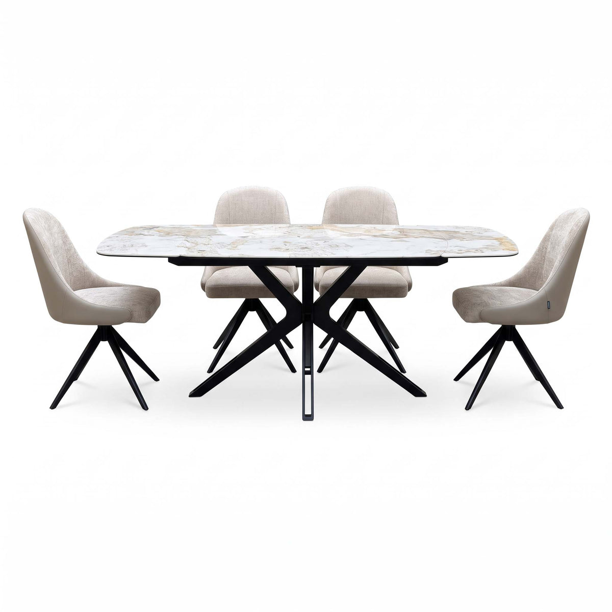Jose Calcatta marble 160cm dining table and 4 beige swivel chairs, straight-on view with the table closed