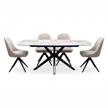Jose Calcatta marble 160cm dining table and 4 beige swivel chairs, straight-on view with the table closed