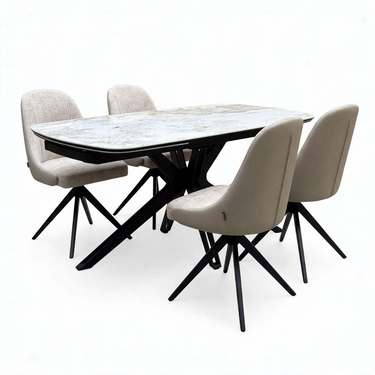 Jose Calcatta marble 160cm dining table with 4 beige swivel chairs, angled from the left, front chairs turned to the table