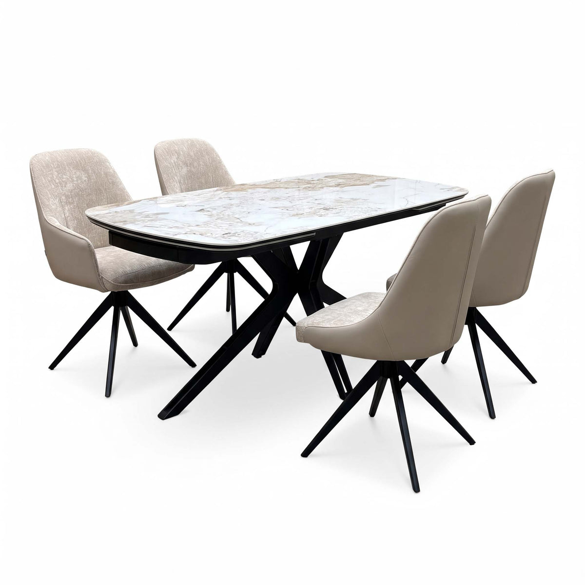 Jose Calcatta marble dining set from the front left, arm chairs at the far side and armless chairs nearest