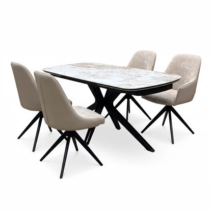 Jose Calcatta marble dining set seen from the right with the two armless chairs nearest the camera