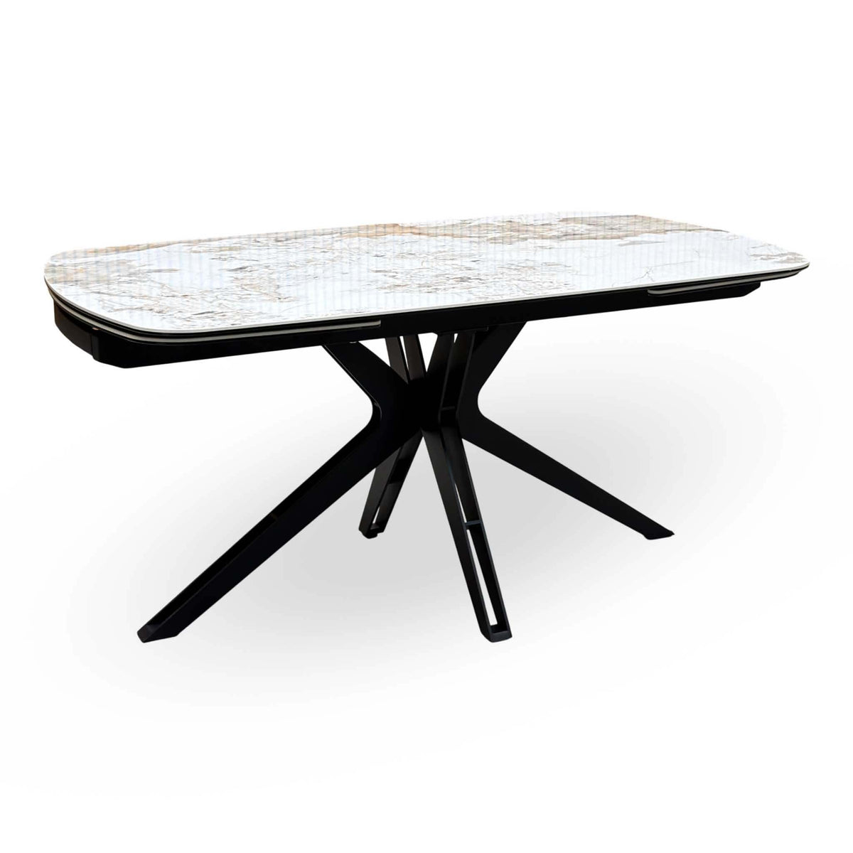 Jose Calcatta marble extending dining table on its own, angled view of the closed 160cm top