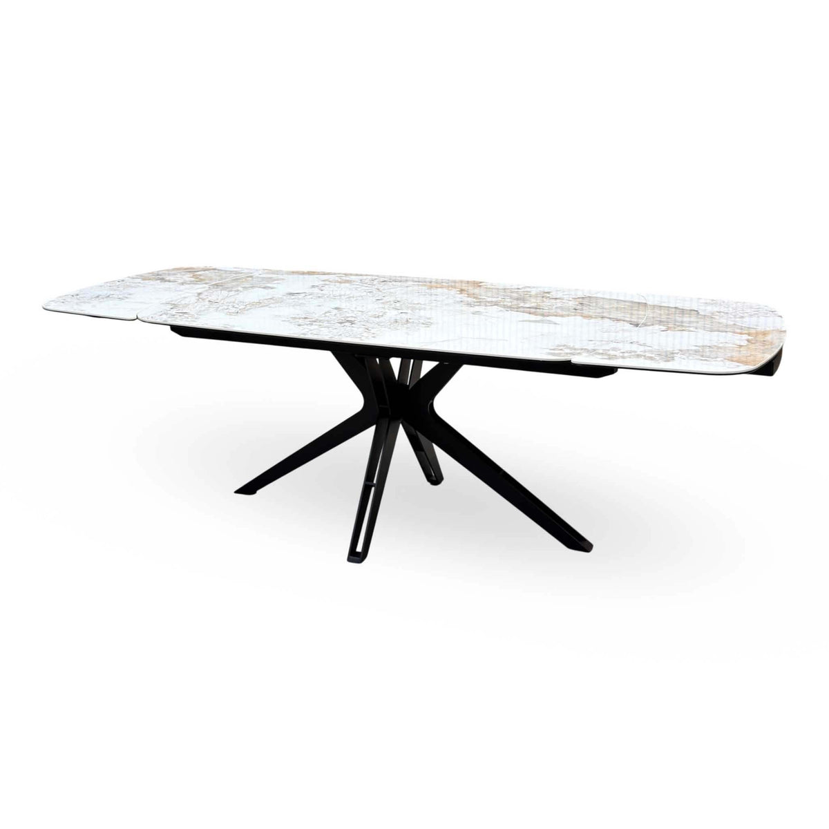 Jose Calcatta marble dining table extended, seen from the right showing the longer top over the spider base