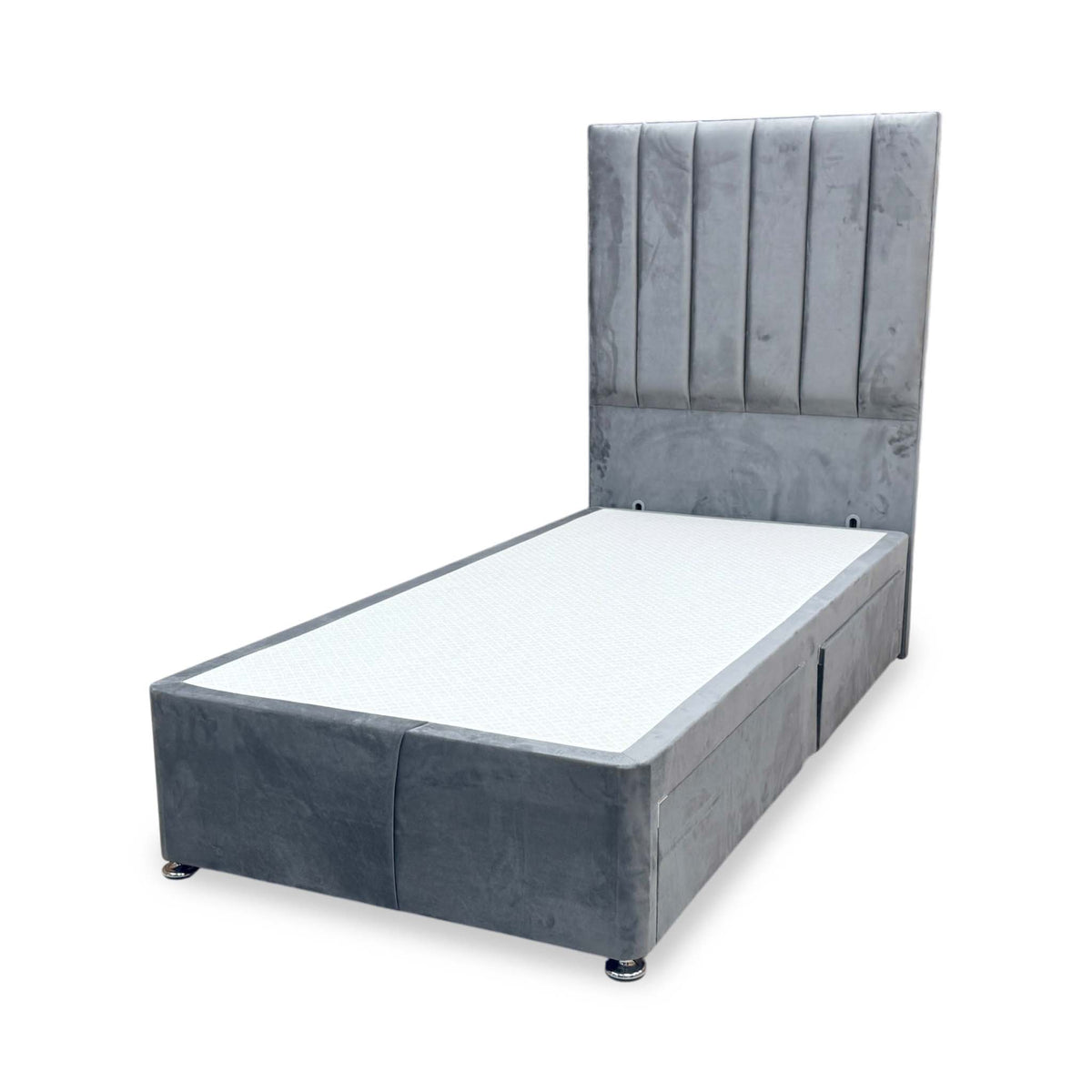 'Oscar' Grey Velvet Floor Standing Headboard with 2 Drawer Divan Bed Base - Single