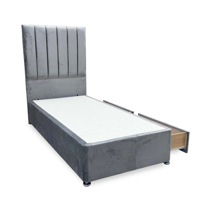 'Oscar' Grey Velvet Floor Standing Headboard with 2 Drawer Divan Bed Base - Single