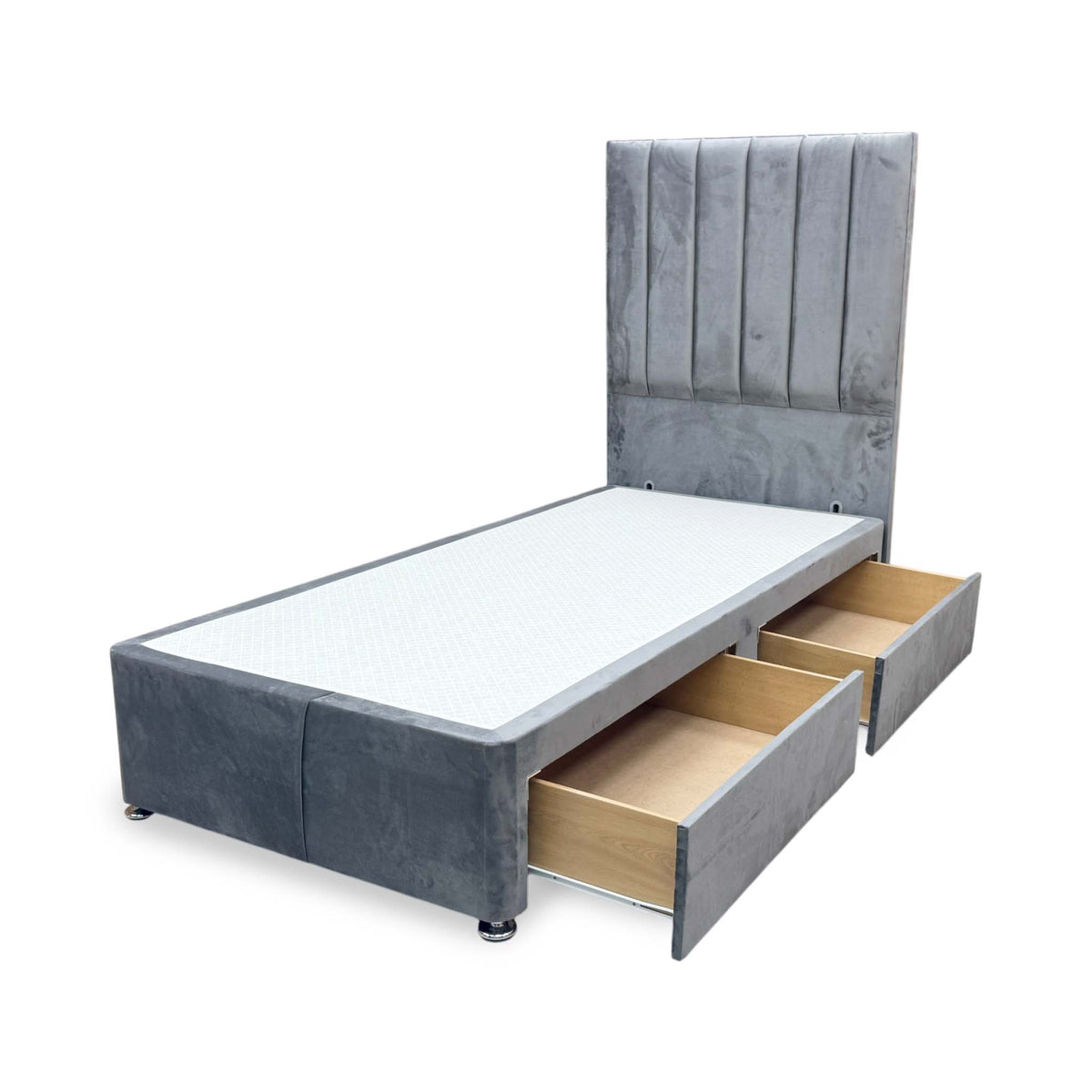 'Oscar' Grey Velvet Floor Standing Headboard with 2 Drawer Divan Bed Base - Single