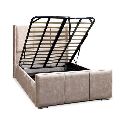 Percy cream velvet winged double bed with the end lift ottoman base raised, showing the storage space