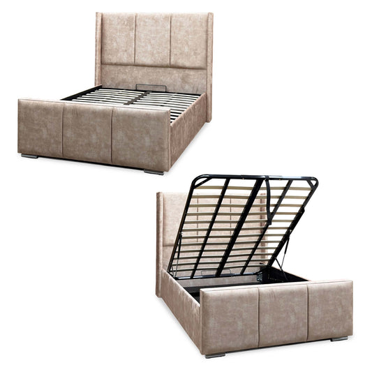 Percy cream velvet winged ottoman bed shown closed and with the end lift storage open