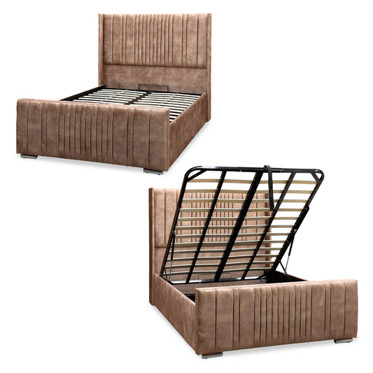 Sebastian taupe velvet wingback ottoman bed with a fluted headboard, shown closed and with the end lift open