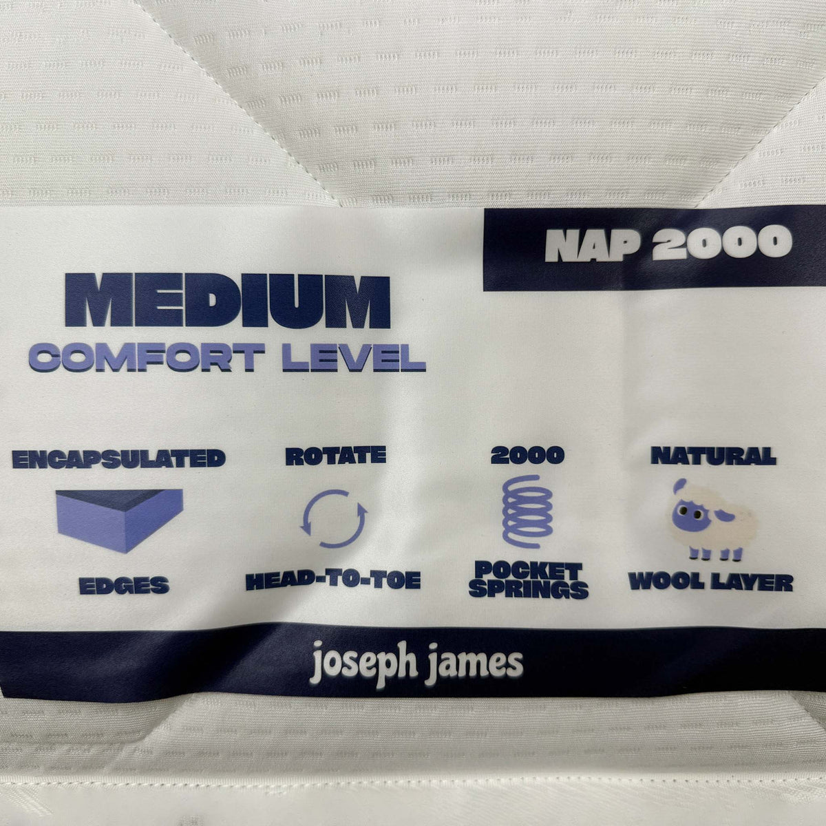 Nap 2000 mattress label showing medium comfort, 2000 pocket springs, natural wool layer, encapsulated edges