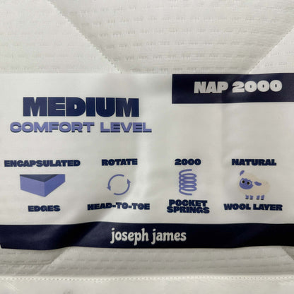 Nap 2000 mattress label showing medium comfort, 2000 pocket springs, natural wool layer, encapsulated edges
