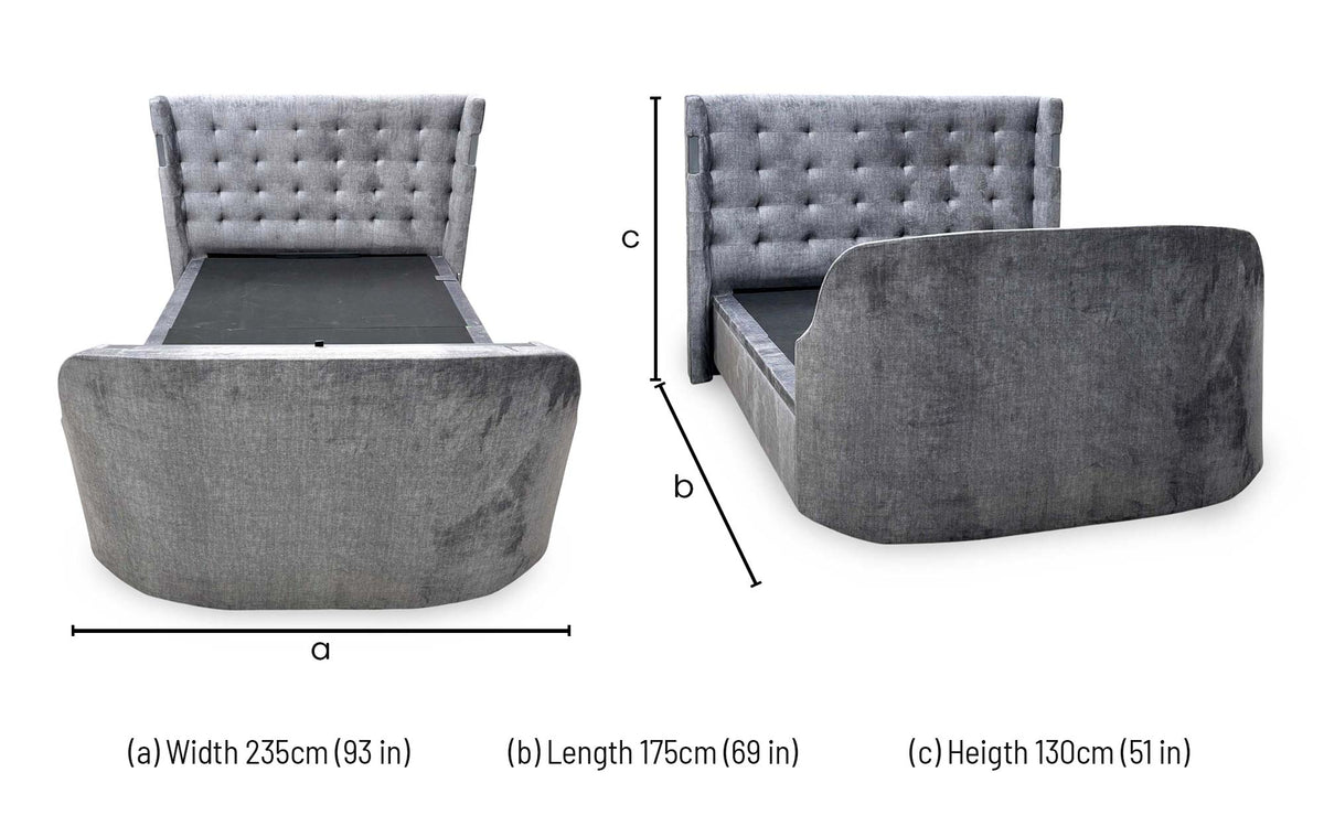 'Sonic' Dark Grey Velvet Fabric Smart Electric End Lift Ottoman TV Bed Frame with Dolby Atmos - King