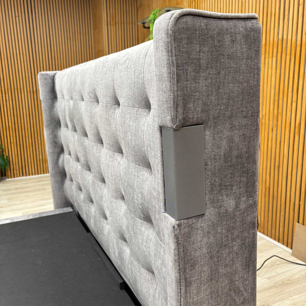 'Sonic' Dark Grey Velvet Fabric Smart Electric End Lift Ottoman TV Bed Frame with Dolby Atmos - King
