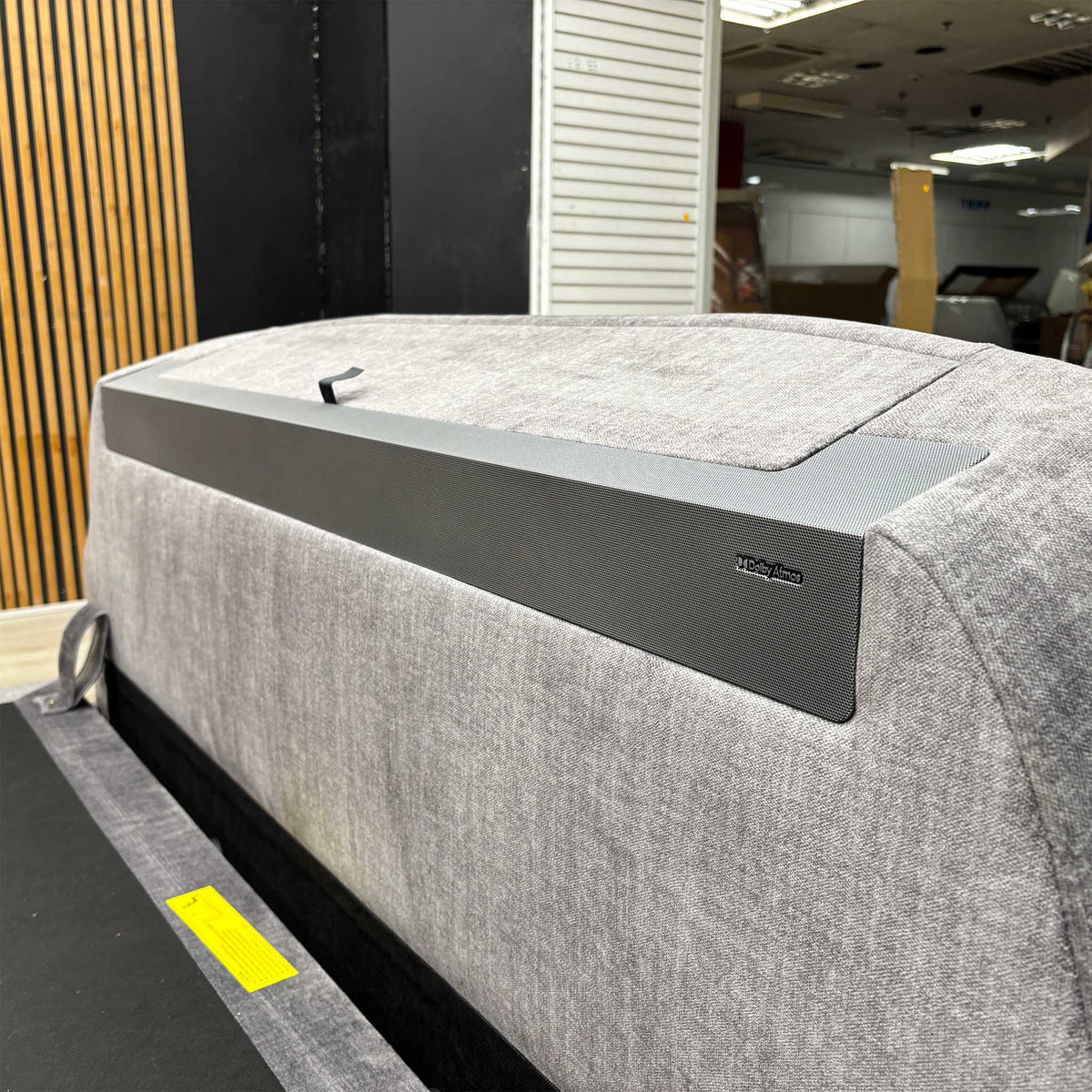 'Sonic' Dark Grey Velvet Fabric Smart Electric End Lift Ottoman TV Bed Frame with Dolby Atmos - King