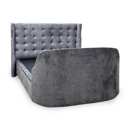 'Sonic' Dark Grey Velvet Fabric Smart Electric End Lift Ottoman TV Bed Frame with Dolby Atmos - King