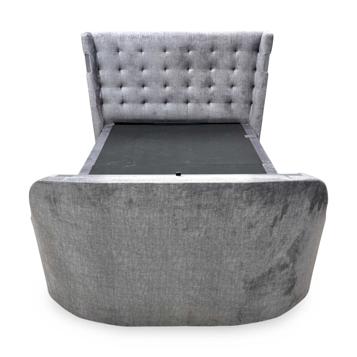 'Sonic' Dark Grey Velvet Fabric Smart Electric End Lift Ottoman TV Bed Frame with Dolby Atmos - King