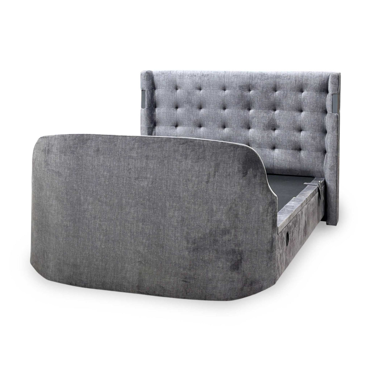 'Sonic' Dark Grey Velvet Fabric Smart Electric End Lift Ottoman TV Bed Frame with Dolby Atmos - King
