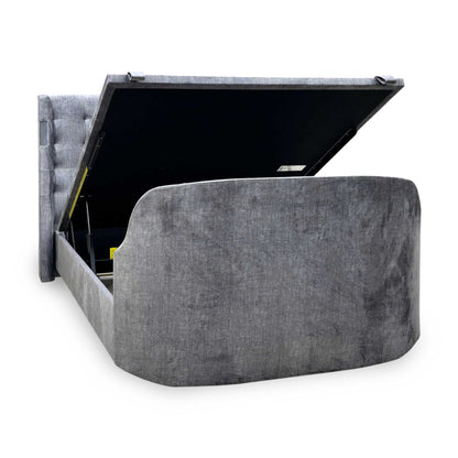 'Sonic' Dark Grey Velvet Fabric Smart Electric End Lift Ottoman TV Bed Frame with Dolby Atmos - King