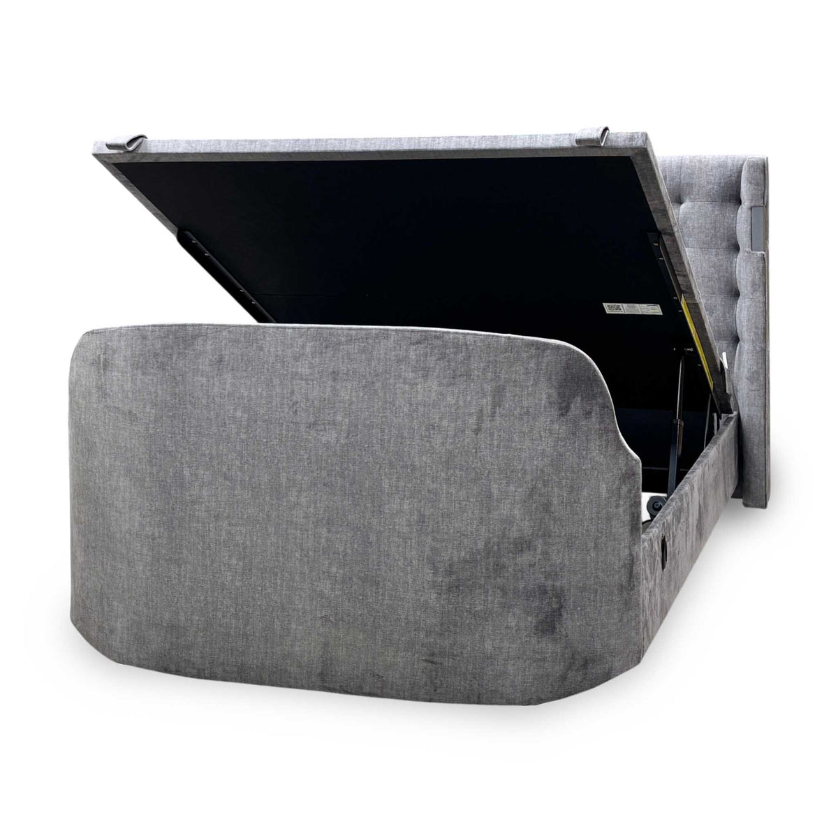 'Sonic' Dark Grey Velvet Fabric Smart Electric End Lift Ottoman TV Bed Frame with Dolby Atmos - King