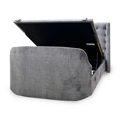 'Sonic' Dark Grey Velvet Fabric Smart Electric End Lift Ottoman TV Bed Frame with Dolby Atmos - King